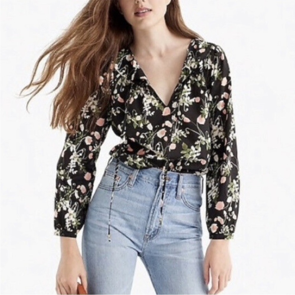 J.Crew Liberty London Poppy Dreams Black Floral Tie-Neck Popover Blouse Top